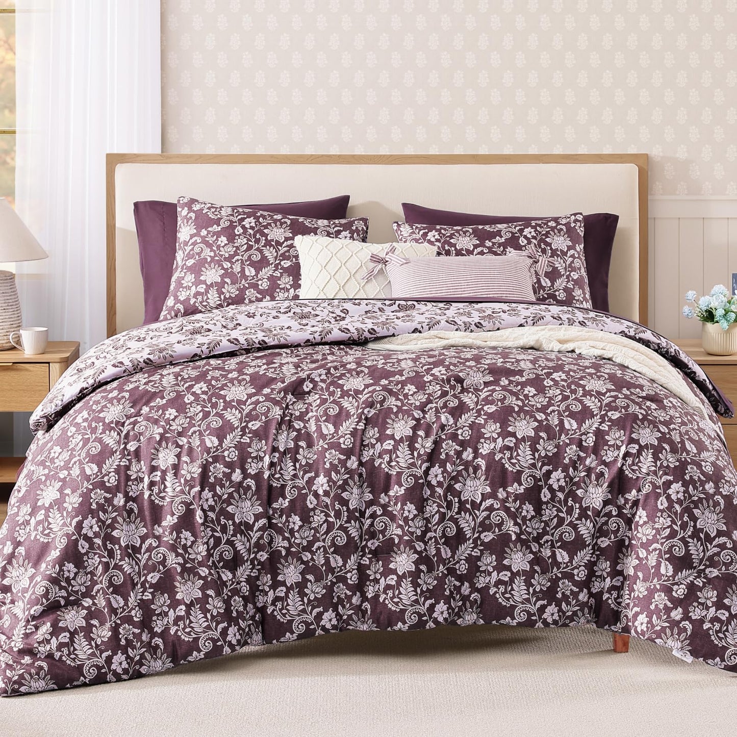 BLOOMHAVEN Queen Comforter Set -7 Pieces Floral Dark Purple Comforter Set for All Seasons, Bed in a Bag Queen with Botanical Flowers Comforter, Sheets, Pillowcases & Shams
