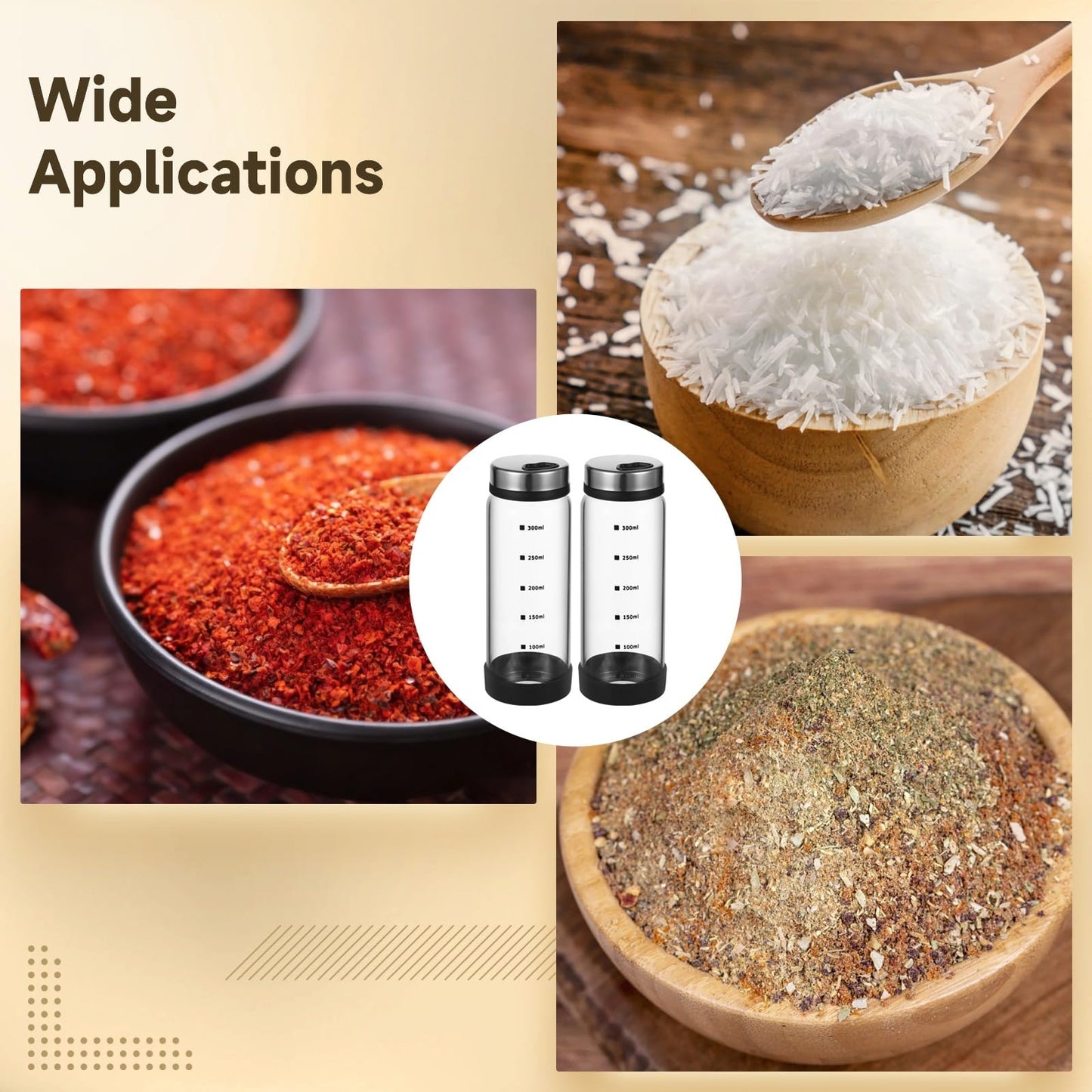 2 Pcs Salt and Pepper Shakers, 350ml Glass Spice Bottles with Adjustable Pour Holes, Spice Dispensers with Non-Slip Silicone Bases, Seasoning Jars with Rotating Steel Lids for Kitchen
