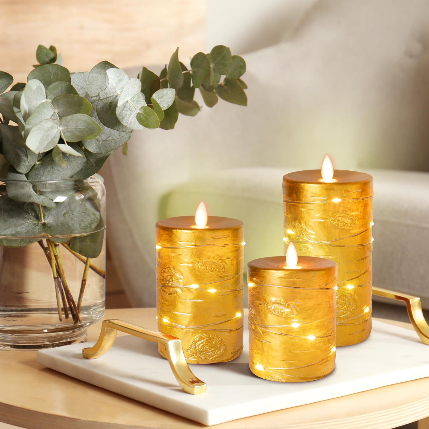 Da by 3 Pack Gold Wax Flameless Taper Candles, Realistic Flickering LED Candles with Surrounding Fairy String Lights, Soft Warm Light Battery Candles with Remote for Indoor Outdoor Decor