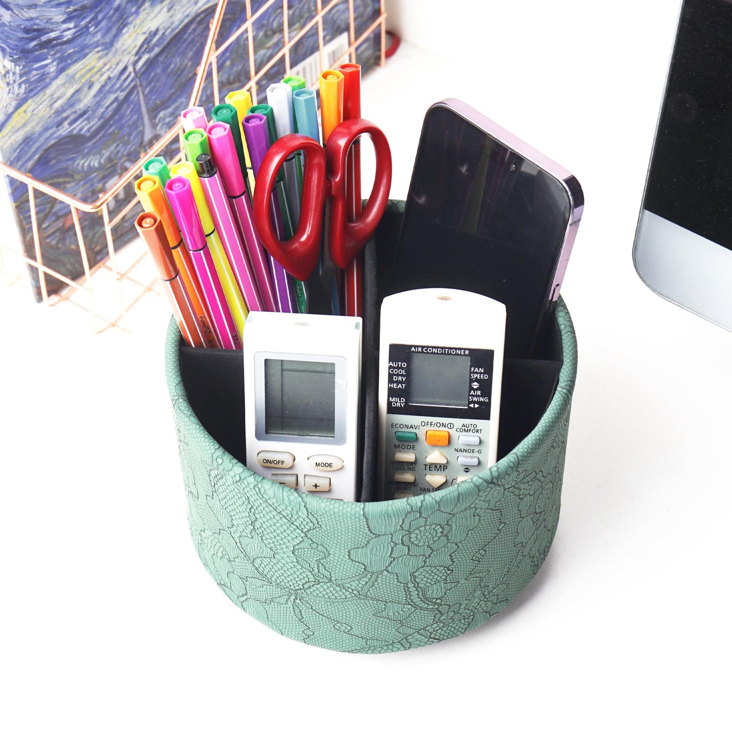 Lvkjafaz Round Leather Art Supply Organizer,Remote Control Holder,360 Degree Spinning,Multi-Functional Pencil Holder,4 Compartments Desktop Stationary Organizer(1-Lace Flower Green2)