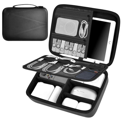 Comecase Electronics Organizer Travel Case for MacBook Pro/Air Power Adapter, Double Layer Tech Bag with 5 Dividers for iPad Mini/Air (up to 11"), Cables, Magic Mouse, Power Bank & SSD - Black