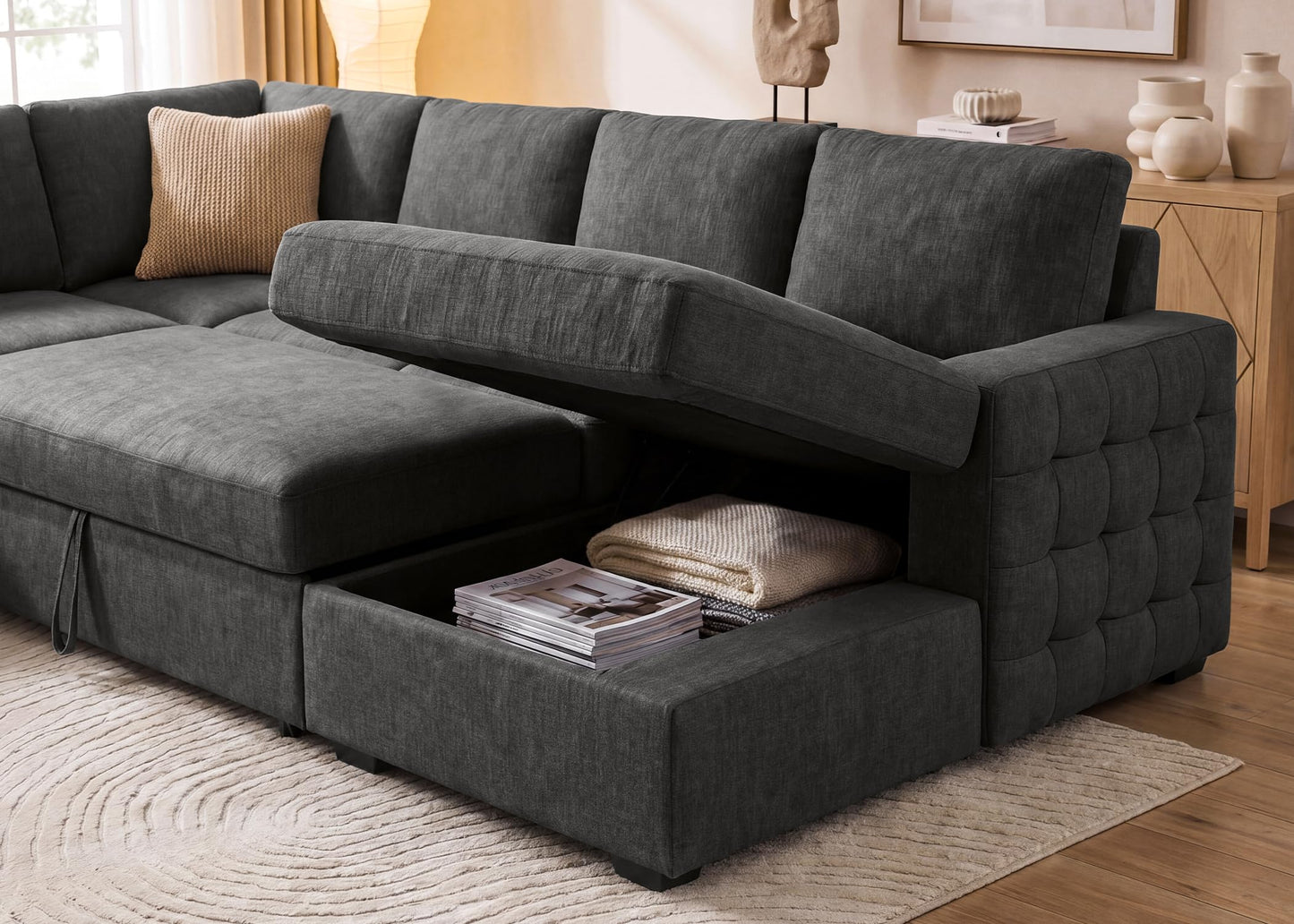 HONBAY Sectional Couch with Pull Out Bed, U-Shaped Sectional Sleeper Sofa with Storage, 6 Seater Sectional Sofa Bed, Mid-Grey