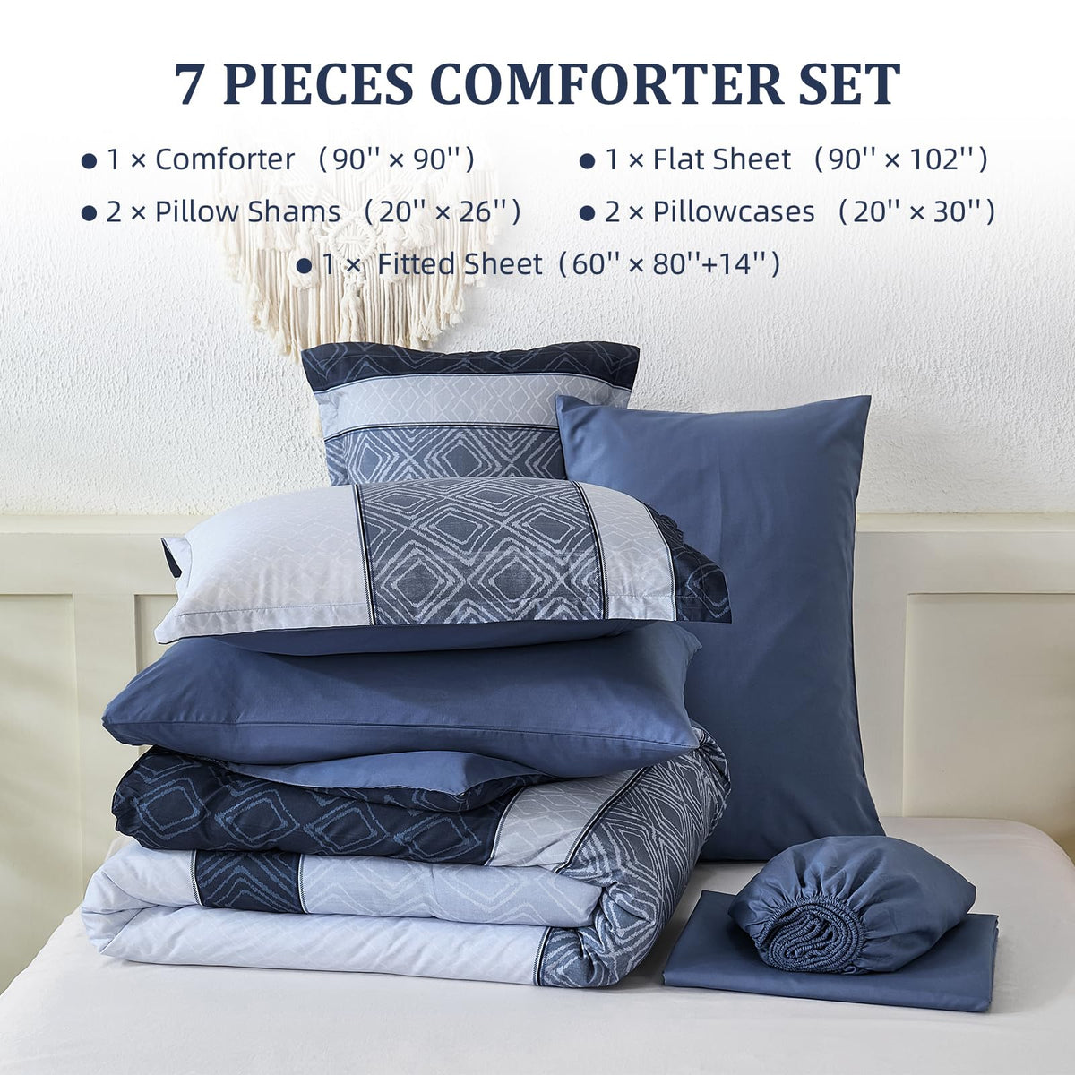 Dinjoy Boho Queen Comforter Set Mineral Blue,7 Piece Bed in a Bag Queen Size Lightweight Striped Bedding Sets with Plaid Comforters with Sheets for Family All Season