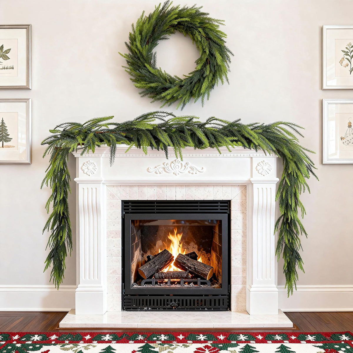 PABREY 2 Pcs 9 Ft Norfolk Pine Garlands, Artificial Real Touch Winter Christmas Green Greenery Garlands for Mantle, Fireplace, Table, Wall, Outdoor, Indoor Christmas Decorations (9 FT, 2)