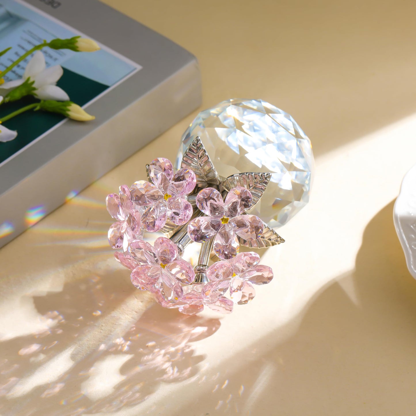 Qianwei Pink Forget Me Not Crystal Flowers - Sympathy Glass Flowers Collectible Figurines Decor Paperweight Ornament Home Office Table Desk Decorations