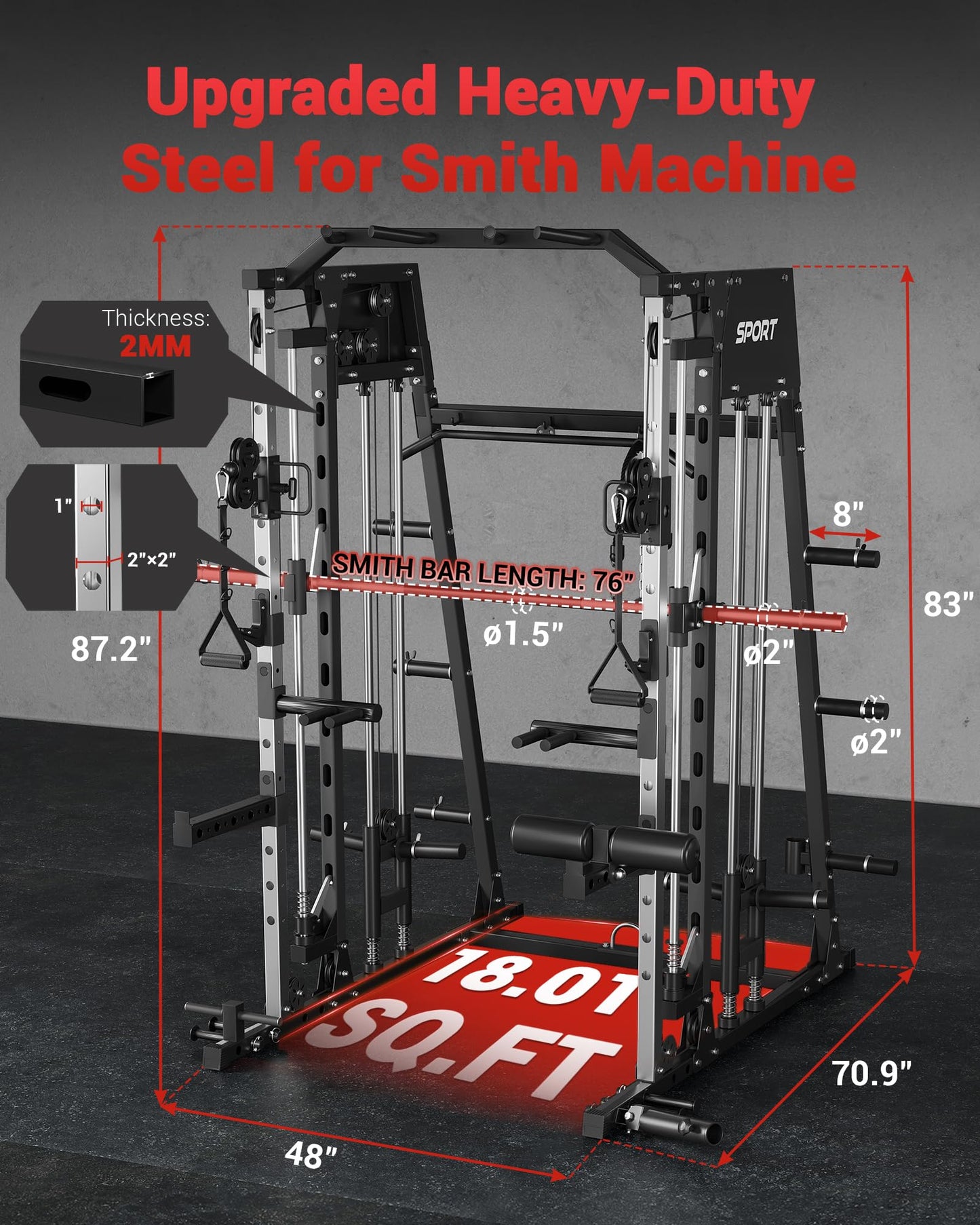 GarveeLife Smith Machine Home Gym All in One, 2200 LBS Squat Rack Power Cage with Smith Bar, LAT Pull-Down, Cable Systems, Leg Hold-Down and More Attachments, Workout Equipment (Black)