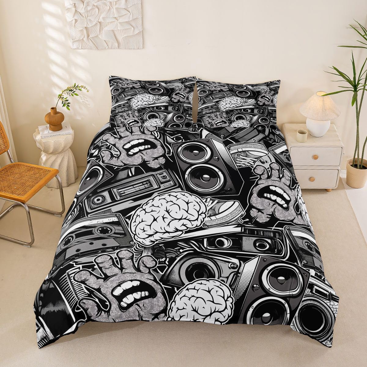 Feelyou Graffiti Bedding Set for Teens Boys King Rock Music Theme Duvet Cover Set Hip Hop Comforter Cover Set Kids Teenage Street Art Quilt Cover Hippie Room Decor Bedding with 2 Pillow Shams (3Pcs)