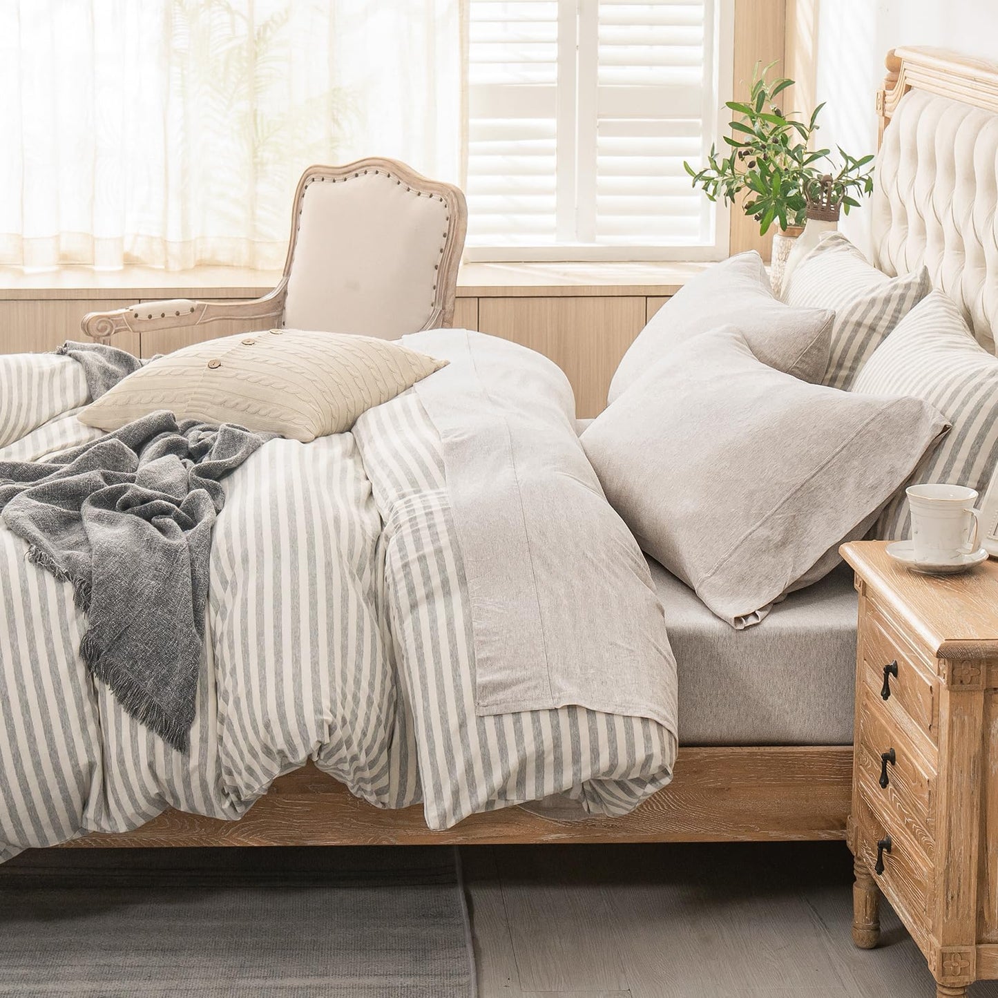 PURE ERA Jersey Knit 4pc Bed Sheet Set 100% T-Shirt Heather Cotton Super Soft Comfy Breathable Fits Mattress Up to 20" Extra Deep Pocket (Heather Beige, Queen)
