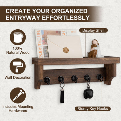 Lucundm Key and Mail Holder Wall Mount, Key Holder with Shelf and Mail Organizer Wall Mount. Mail Holder with 5 Hooks for Coat, Dog Leash, Home Decor Rack, Entry Way Organizer (Brown)