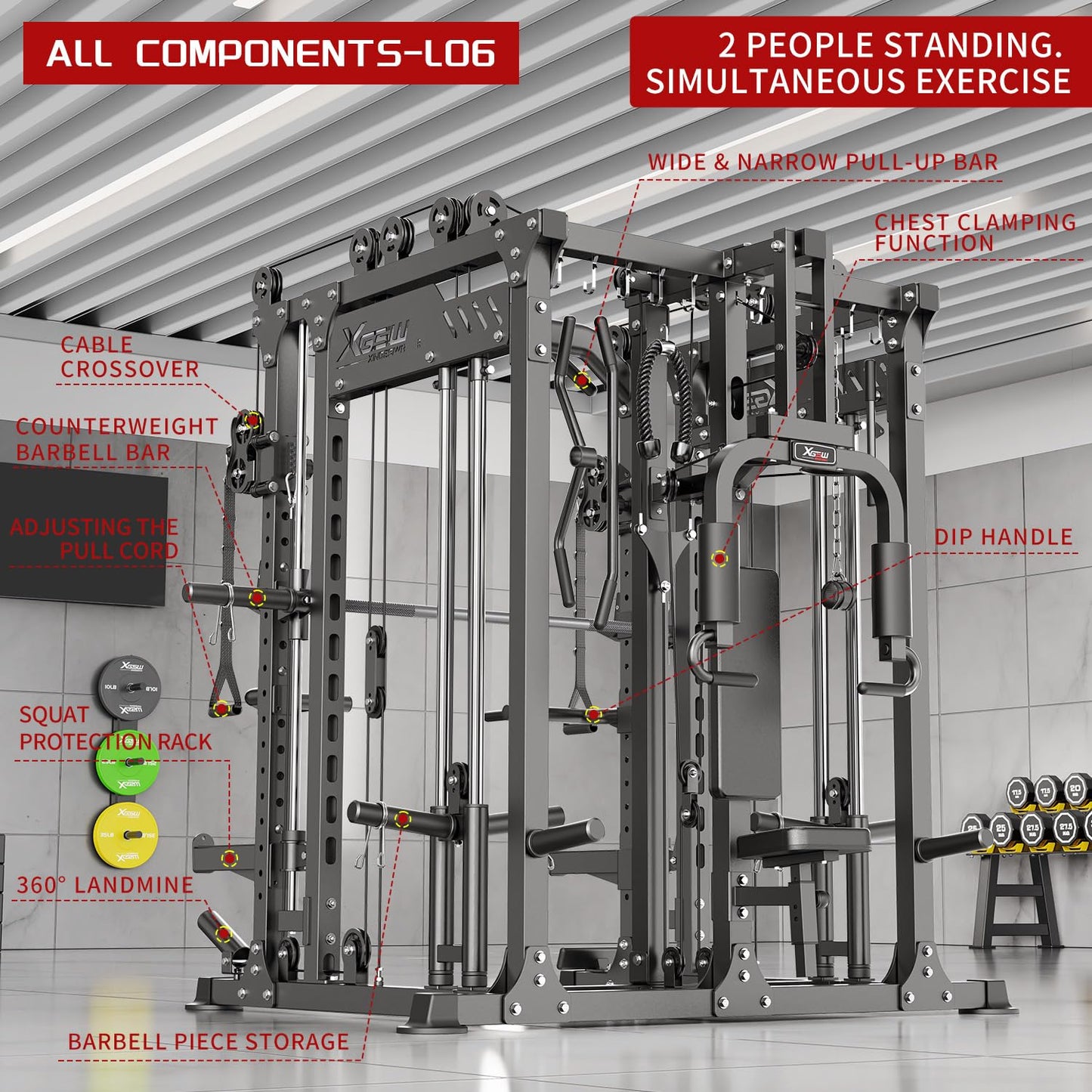 Multi-Purpose Squat Rack,Smith Machine Weight Rack Set with Cable Crossover System, Home Gym Power Racks, Power Racks and Packages (L06 two users, Power cage Black+bench+Cast lron 184LBS)