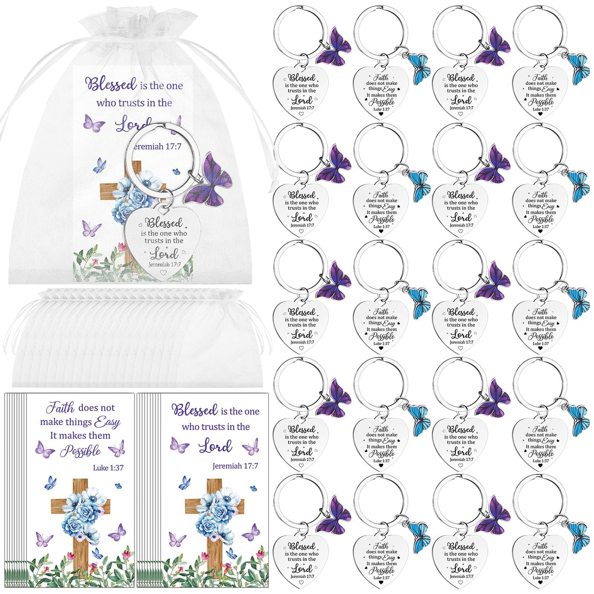 WZSTNBLA 20 Sets Inspirational Religious Gifts Christian Butterfly Keychain Motivational Encouragement Thank You Cards and Organza Bags Employee Appreciation Gift for Female Friends Staff Coworkers