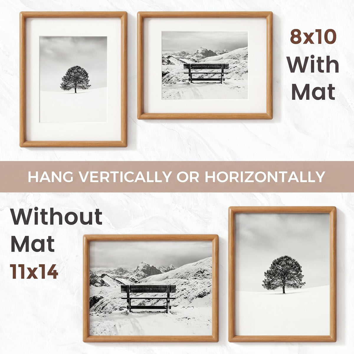 11x14 Picture Frame, USA-Sourced Natural Teak Wood Photo Frame with Tempered Glass, Handcrafted Rounded Corner 11 x 14 Wooden Frame Matted to 8x10 Photos, Hanging Hooks Included