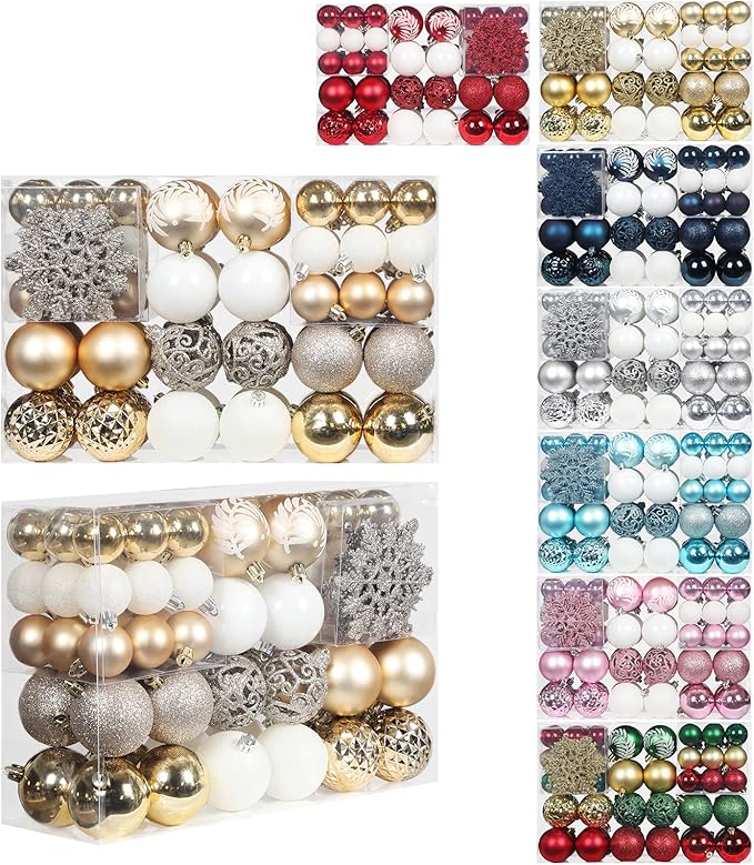 SY CRAFT 86 Pieces of Assorted Shatterproof Christmas Ball Snowflake Ornaments Seasonal Decorative Hanging Ornament Set with Hand-held Gift Package for Xmas Tree Decorations (86PCS, Champaign Gold)