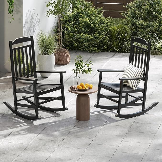 Patio Rocking Chair Outdoor Set of 4,Weather Resistant Poly Resin Oversized Porch Rocker,High Back Smooth Design,350lb Weight Capacity,Indoor Outdoor Use(4, Black)