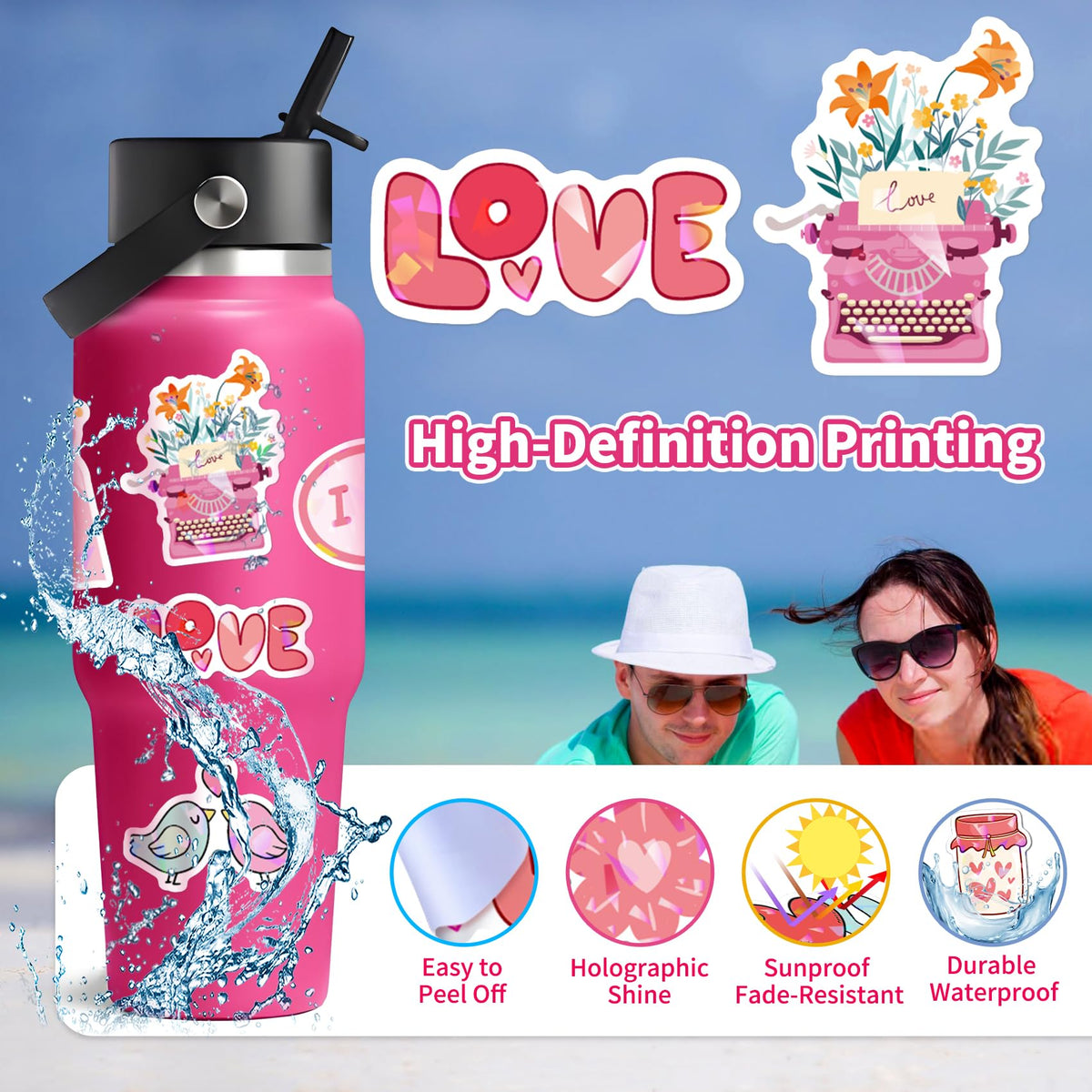 100pcs Pink I Love You Stickers, Waterproof Holographic Glitter Romantic Vinyl Decal,Valentine's Day,Birthday for Water Bottle, Laptop,Kindles, DIY,Book,Phone, Gifts for Girls,Kids, Teens,Adults