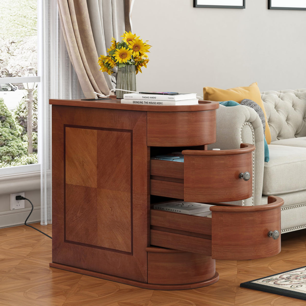 FAVSH Narrow End Table with Charging Station, Brown