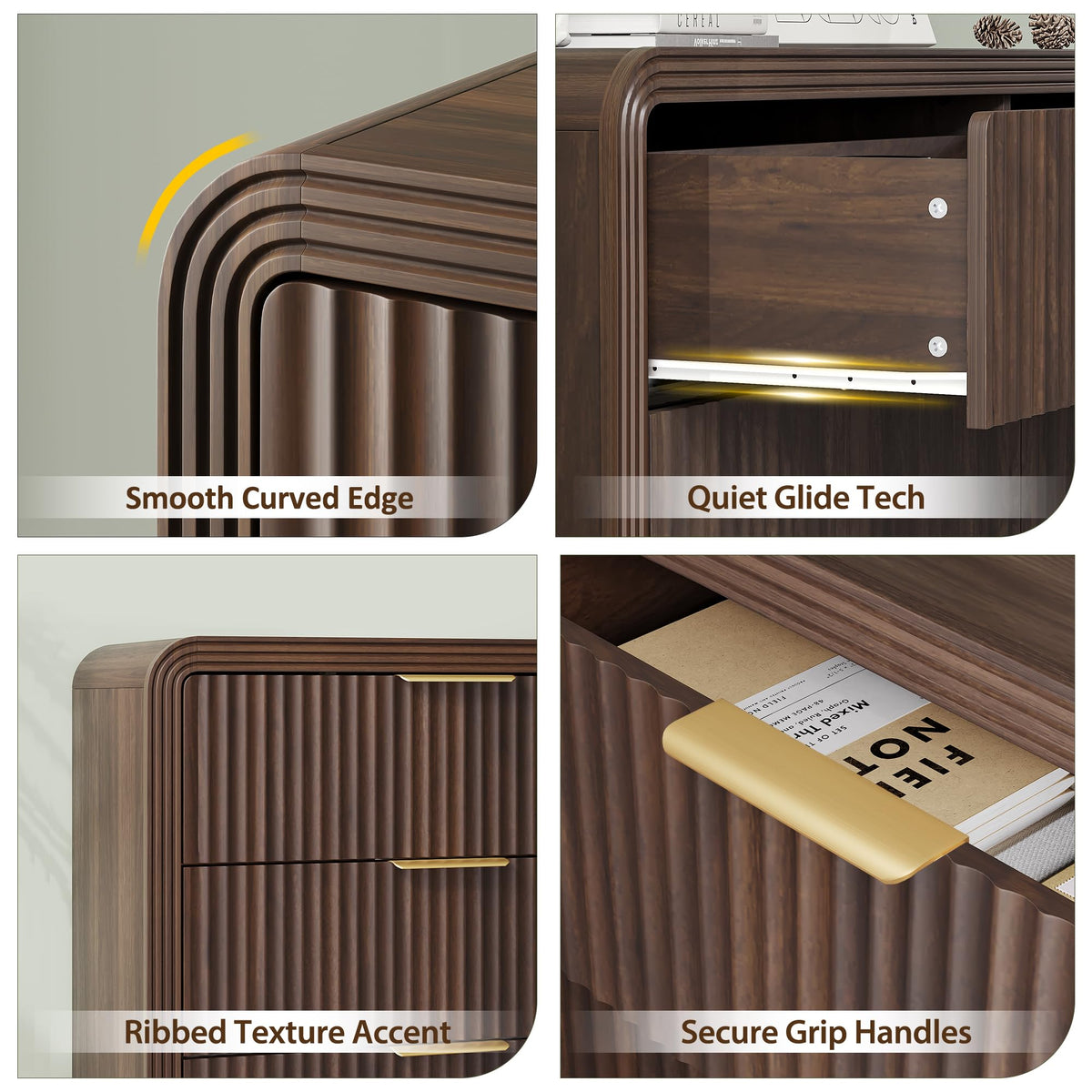 Decofy Fluted Drawers Dresser for Bedroom, Wood Dressers with Gold Handles, Modern Dressers with Wave Texture, Large Storage Chest of Drawers, Bedroom Dresser Organizer 47'' & 6 Drawers (Walnut)