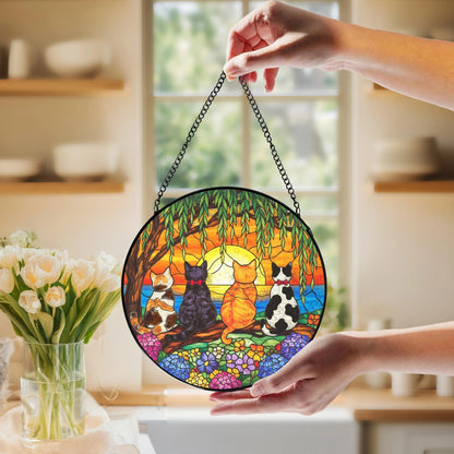LIANGEAGOM Cat Flower Stained Glass Window Hanging, Cat Mom Lovers Gifts for Women, Nature Sunset Kitten Landscape Suncatchers Sun Catchers Indoor Window Glass Wall Art Decorations, 7.9x7.9in, Patio
