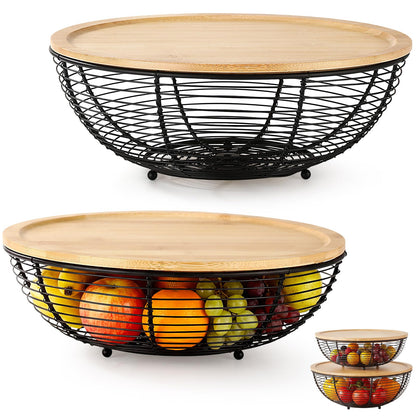 Ferrochef 2 Set Stackable Fruit Basket with Bamboo Lid 11.5 &10.5 Inch Black Metal Wire Large Fruit Bowl for Kitchen Counter Pantry Organizer and Storage for Veggie, Snacks
