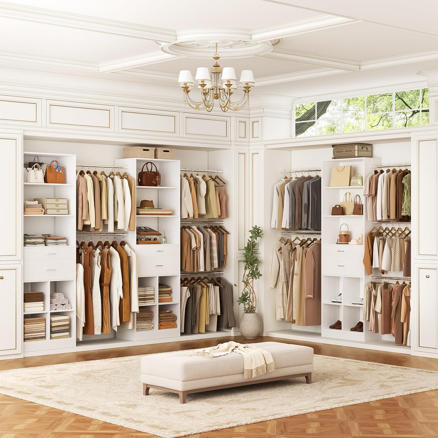 Besiost Closet System, 4-8 FT Closet Organizer Tower with 2 Wooden Drawers and Shelves, Can Fit 60 to 96 inch Walk-in Closet System with 5 Hanging Rods, Built-in, White