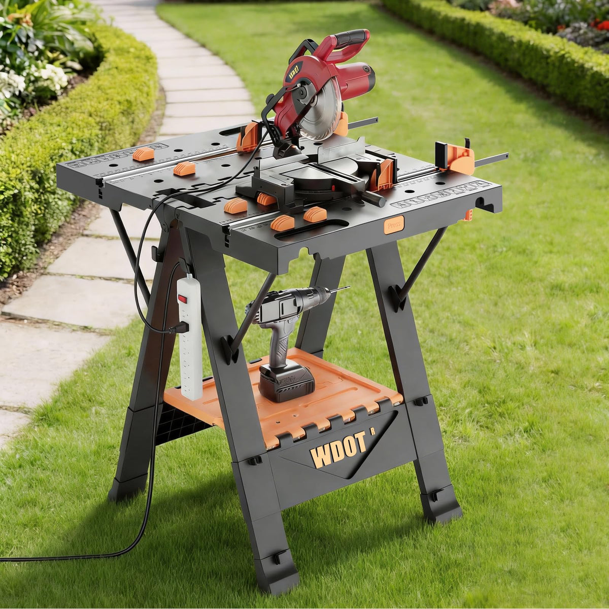 WDOT Work Bench Table 2 in 1 Portable Folding Workbench for Garage Sawhorse 500lbs Mobile Work Table 31" W x 25" D x 32" H with 2 Clamps & 6 Bench Dogs
