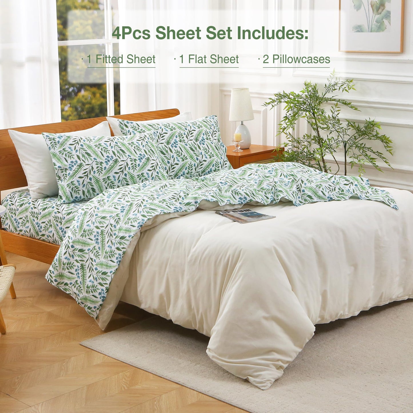 Viviland Queen Bed Sheet Set - 4 Piece Double Brushed Microfiber Bedding - Deep Pocket Up to 15", Ultra Soft, Breathable & Wrinkle Resistant Skin-Friendly Cooling Sheets for Adult - Verdant Breath(Q)