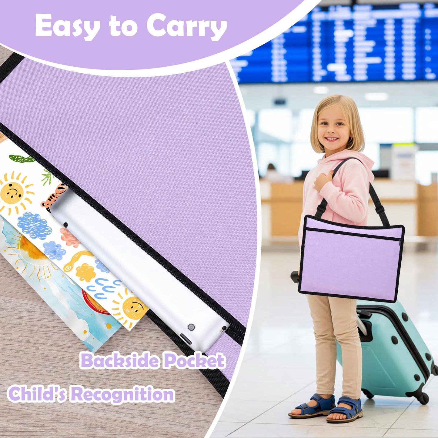 AZAMIA Kids Travel Tray for Toddler Carseat, Road Trip Activities Essentials for Toddler, Kids Lap Desk Tray with Tablet Holder Stand ＆ Dry Erase Board (Purple)
