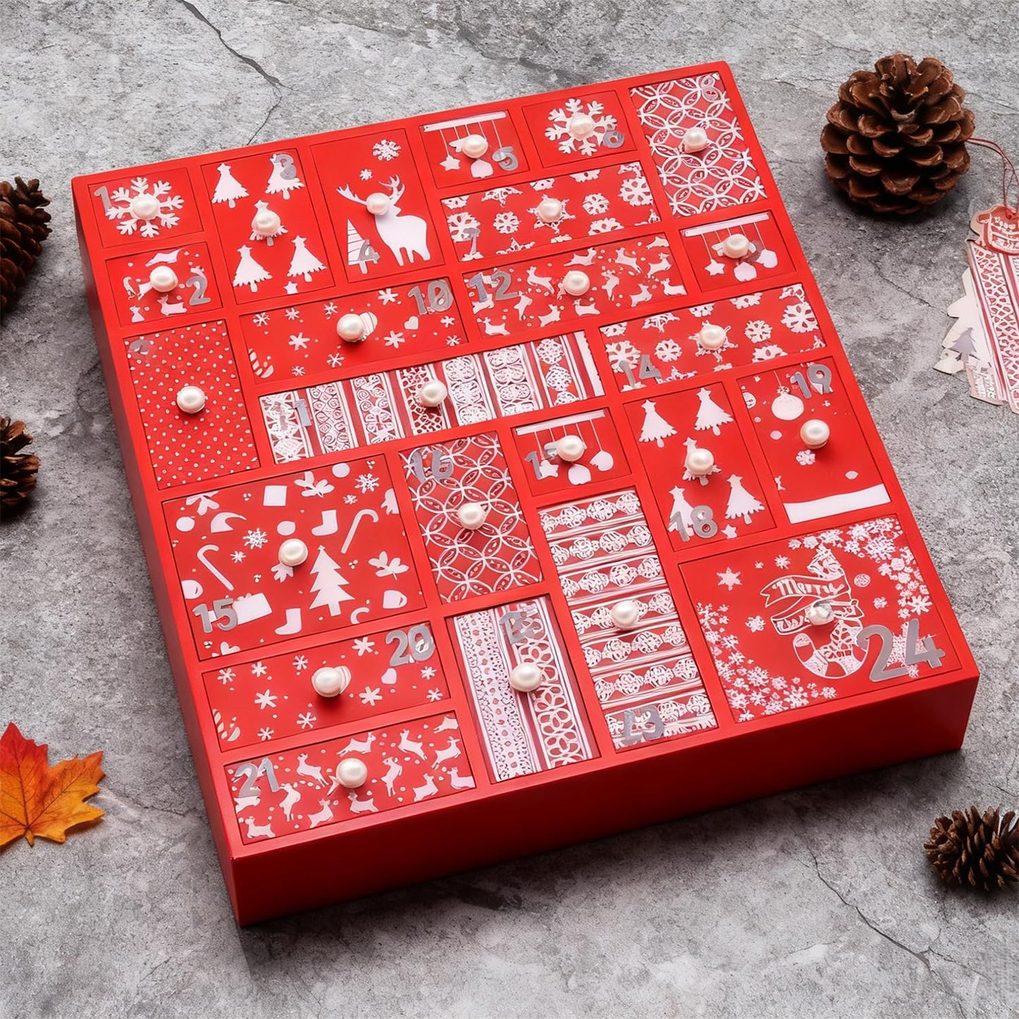 Juegoal Red Advent Calendar with 24 Drawers Countdown to Christmas, Refillable Wooden Advent, Christmas Gift for Children, 15 Inches Tall