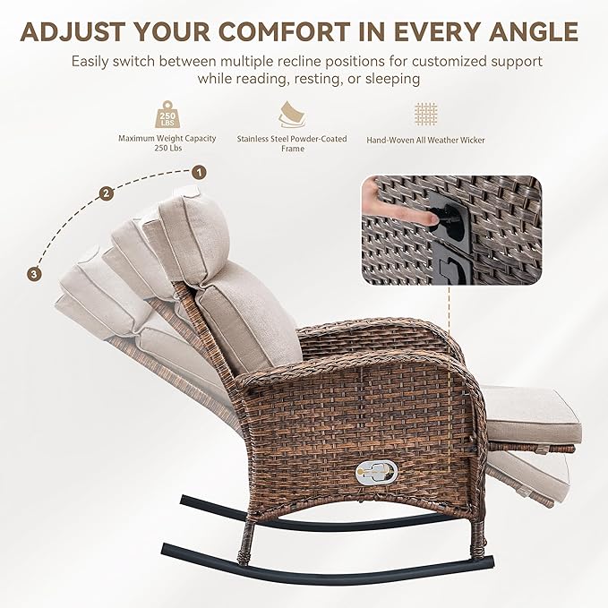 Zero Gravity Patio Rocking Wicker Recliner Chairs Set of 2- Wicker Outdoor Lounge Chair with Adjustable Backrest & Footrest, All Weather Reclining Rocker Chairs with Thick Cushion for Pool Deck Beige
