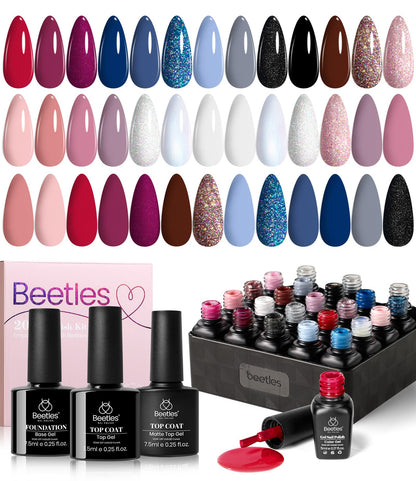 beetles Gel Polish Set - 23Pcs Macaroon Color Gel Nail Kit with Glossy Matte Top Coat Base Coat Yellow Pink White Purple Blue Glitter Bright Uv Nails Paradise Pastel Gel Halloween Gifts for Women