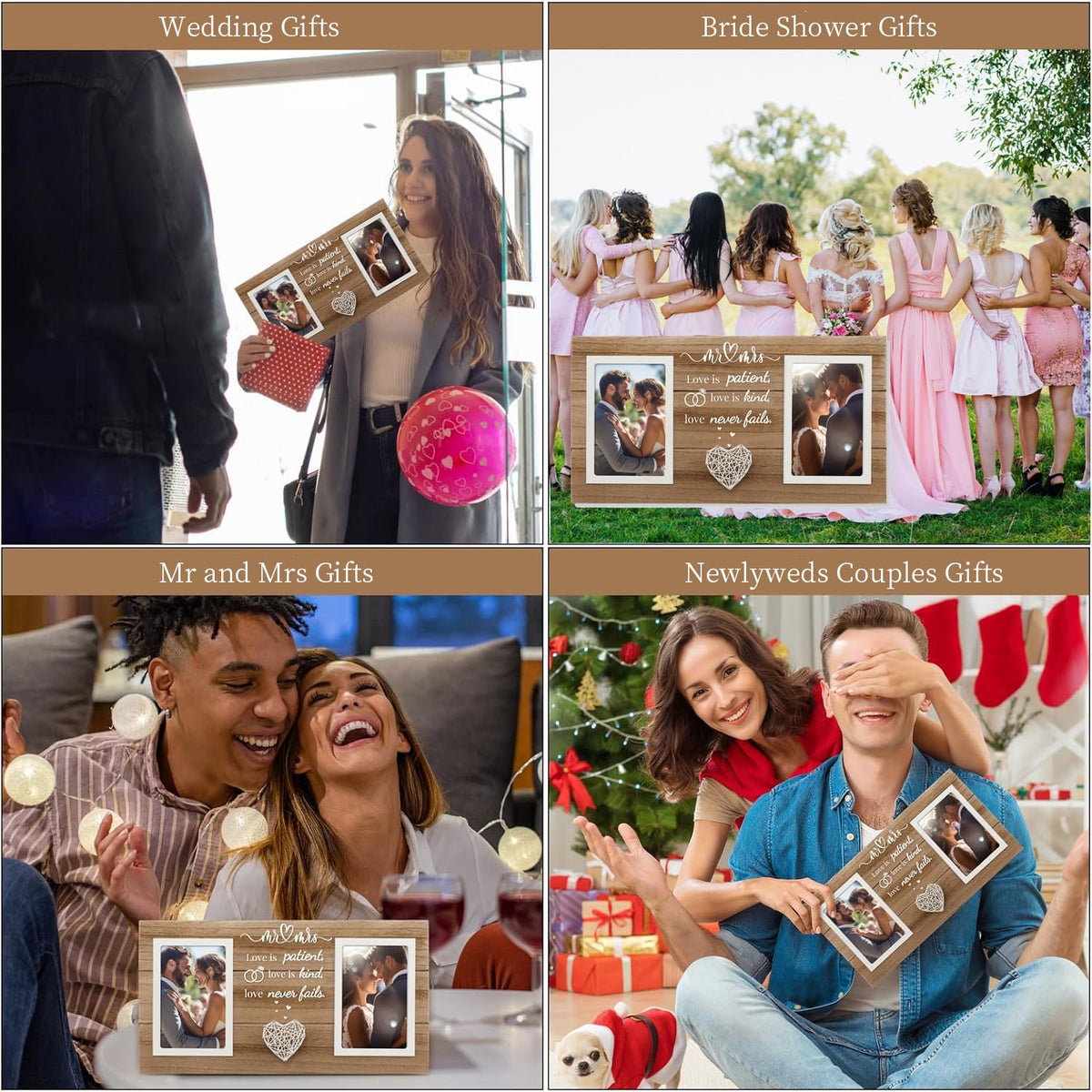 SOUHONEY Wedding Gifts for Couples 2026, Bridal Shower Gifts for Bride to Be, Wedding Picture Frame for Couple - Double 4x6 Pictures Frame - Wooden Couples Newlyweds Picture Frame with Heart Mr& Mrs
