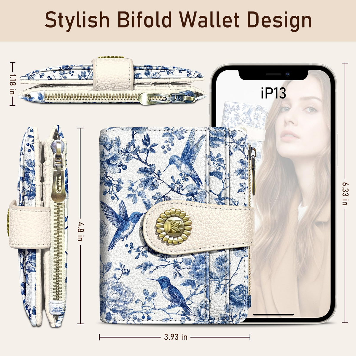 Kelvoris Bird Small Rfid Women Wallet Bifold Zipper Coin Pocket PU Leather Compact Cash Credit Card Holder Travel Wallet for Female Ladies Teen Girls 1 ID Window 10 Card Slots