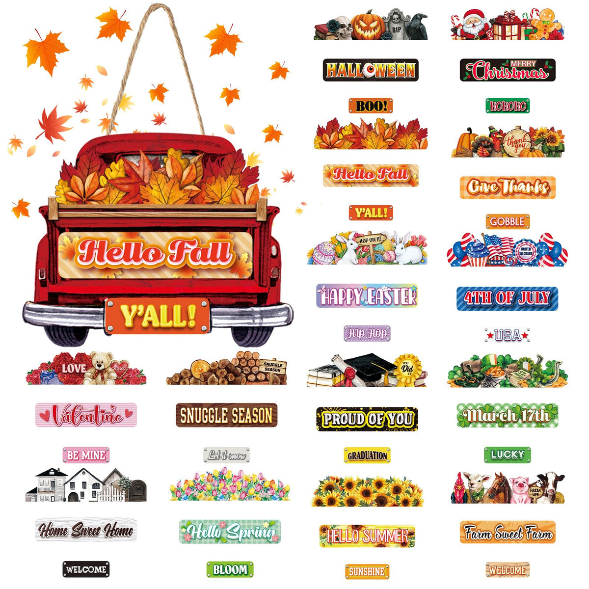 Suzile 43 Pcs Interchangeable Welcome Sign for Front Door Fall Wooden Hanging Decor with 42 Interchangeable Seasonal Sign Thanksgiving Maple Leaves Turkey Decor for Door(Red)