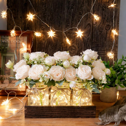 LUEUR Mason Jar Lights Centerpiece with Farmhouse Wood Tray – 3 Jars with Champagne Peony Spring Flowers, Spring & Summer Wedding Decoration for Dining Table, Coffee Table, Kitchen & Living Room