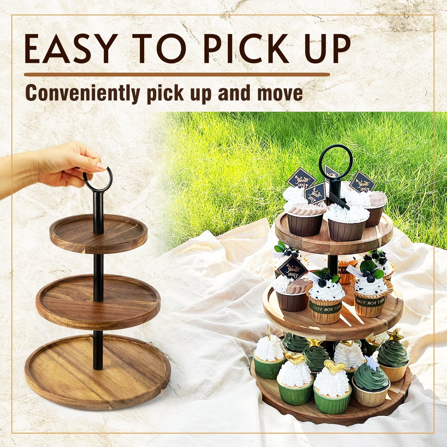 WILDMOS 3 Tier Cupcake Stand, Farmhouse Rustic Tiered Serving Tray,3 Tier Serving Tray for Farmhouse Kitchen Decor, Wood Dessert Tray for Tea Party Wedding Server, Decorative Tiered Tray.