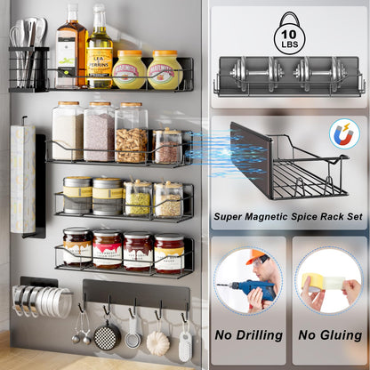 IYEBAU Magnetic Spice Rack for Refrigerator,8 Pack Magnetic Fridge Shelf, Moveable Spice Organizer with Hook Rack, Paper Towel Holder, Utensil Holder,cup lid holder, Super Magnetic Rack Set (Black)