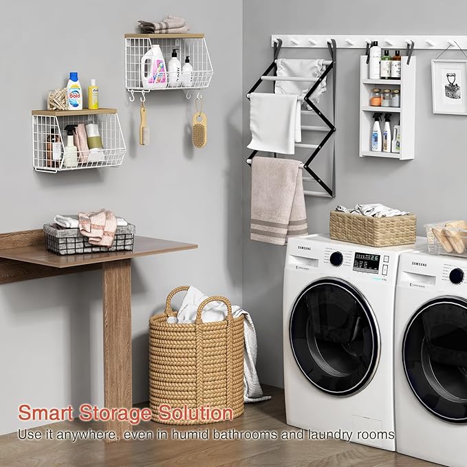 White Fruit Storage Basket for Kitchen Counter Set of 2, Wall Mount Wire Fruit