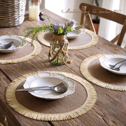 FunWheat 15 Inch Round Jute Placemats Set of 12, Braided Burlap Table Mats for Dining Table, Heat Resistant Farmhouse Woven Placemats for Fall Farmhouse Decor (Coarse-Edged Sunflower)