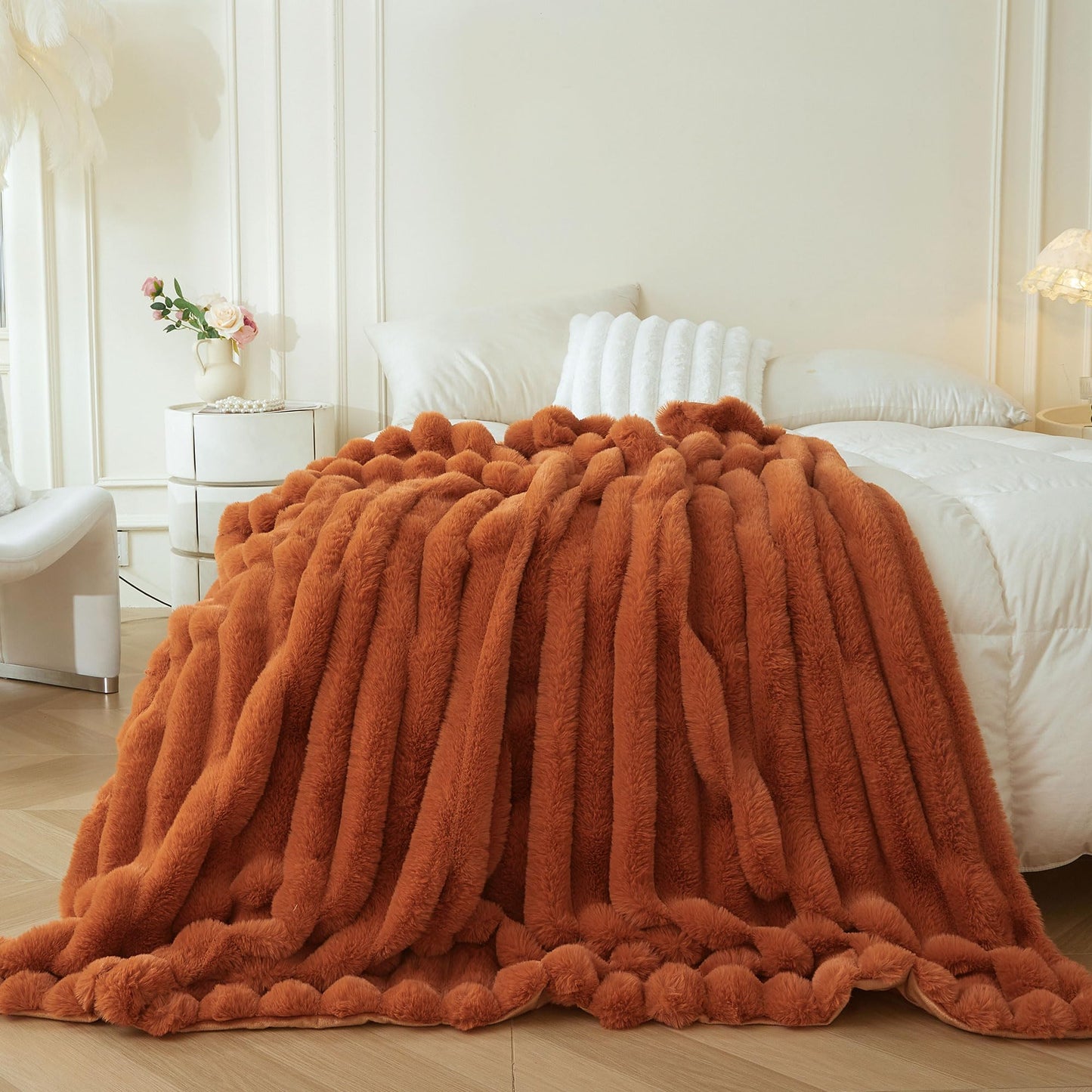 MEGO Fluffy Faux Rabbit Fur Throw, Luxury Stripe Plush Fuzzy Blanket for Bed Couch Sofa Chair, Decorative Shaggy Throw Bedroom Living Room, Furry Blanket Kids Girls Teens Adults, 50x60, Burnt Orange