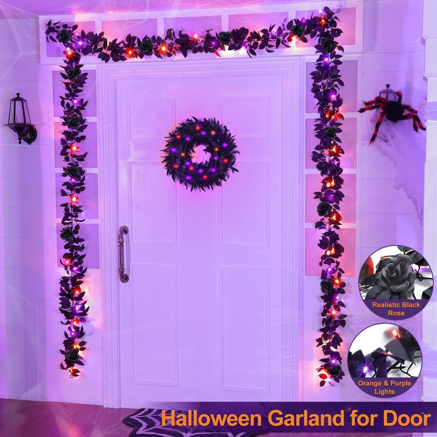 Timer - 6 Feet Halloween Garland with Lights, Artificial Black Garland with Black Roses 20 LED Purple Orange Lights for Halloween Decorations Indoor Outdoor Table Fireplace Home Decor