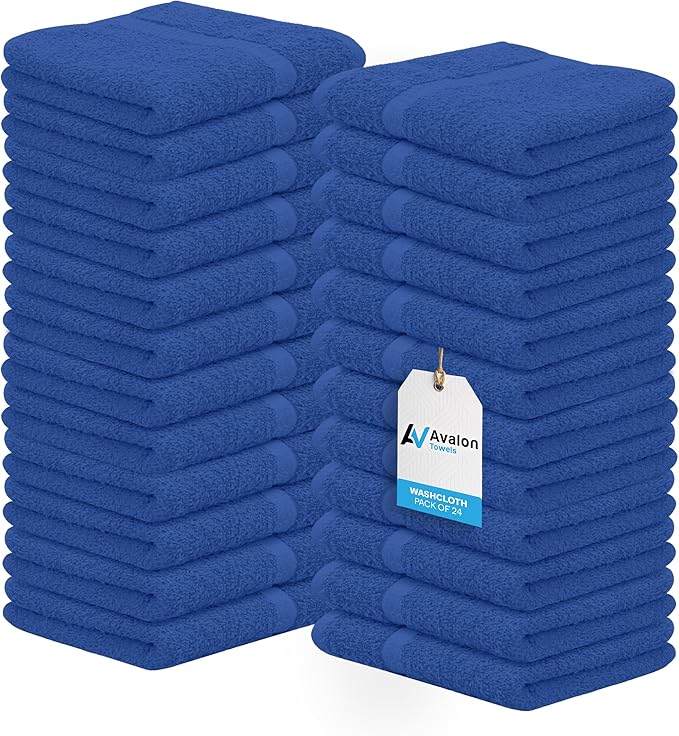 Avalon Towels Cotton Washcloths 24-Pack – 12 x 12 Inch Blue Super Soft &