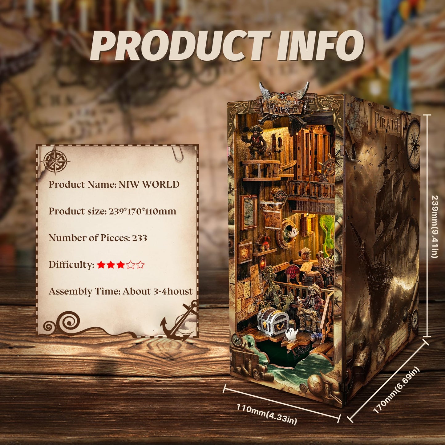 IBOHEYE Magic Book Nook Kit 3D Wooden Puzzle for Adults Decorative Bookend Stand Book Nook Bookshelf Insert Bookcase Toy for Teenagers Gift Model Kits - New World (SQ-36)