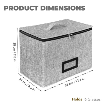 HURZMORO Wine Glass Storage Box with Dividers, Holds 6 Red or White Wine Glasses, Hard Top and Sides,6 Compartment Stemware Storage Container, Grey