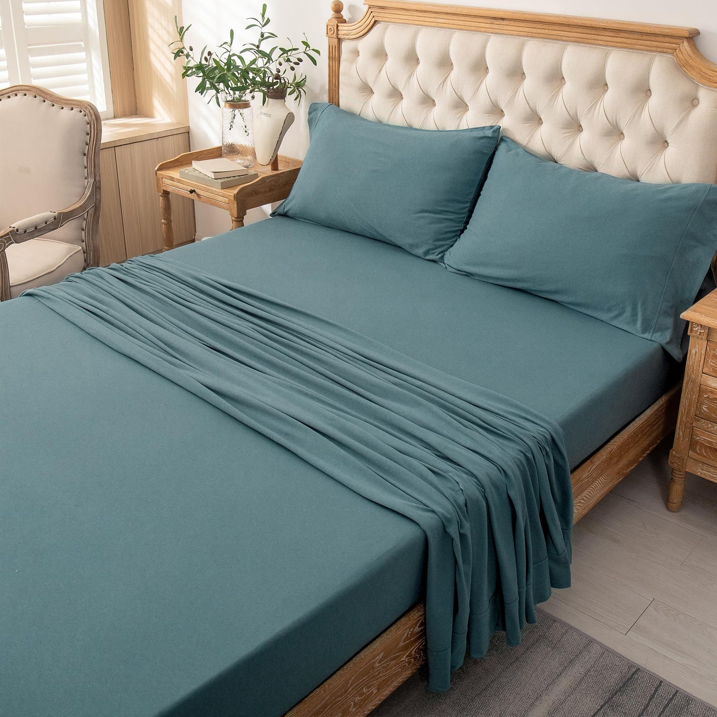 PURE ERA Jersey Knit 4pc Bed Sheet Set 100% T-Shirt Cotton Super Soft Comfy Breathable Fits Mattress Up to 20" Extra Deep Pocket (Solid Cerulean Blue, Queen)