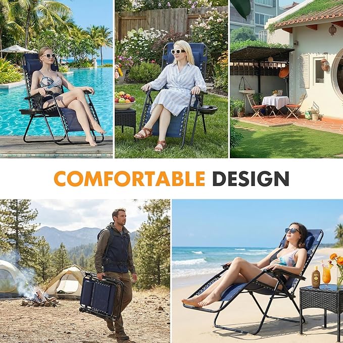 NEWBULIG Zero Gravity Chair Set of 2, Lounge Chair Folding Portable Adjustable Camping Reclining Chairs with Adjustable Pollow, Mesh Back, Cup Holder Trays Lawn Patio Chair for Pool Beach - Blue