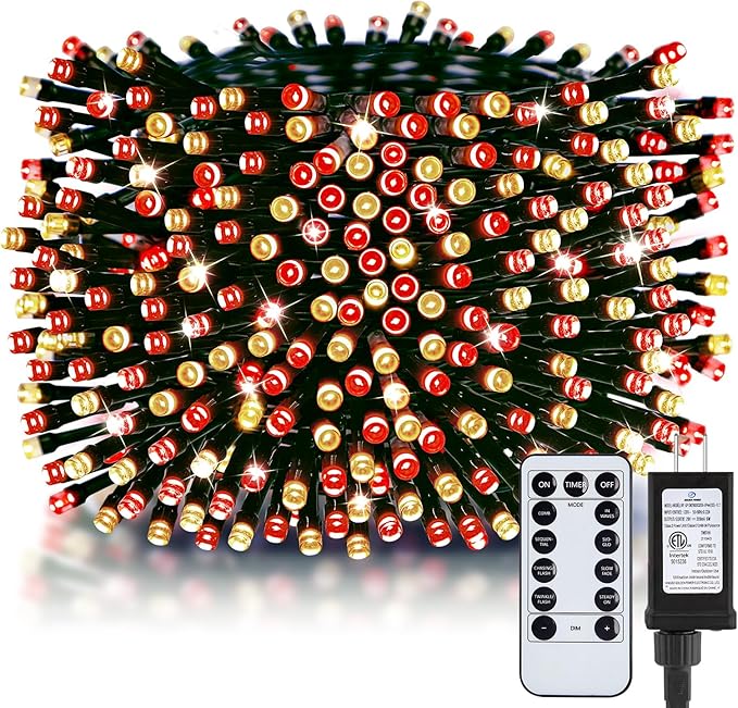 Minetom 328 Ft 1000 LED Christmas Tree Lights Outdoor Indoor String Lights with 8 Modes Waterproof Twinkle Xmas Light with Remote, Plug in Rice Lights for Tree Christmas Decorations, Red & Warm White