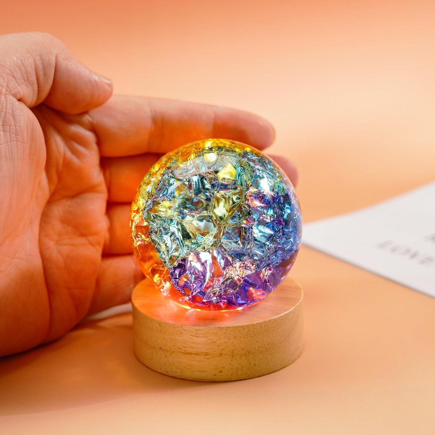 LOULIQIGIFT Colorful Ice Cracked Crystal Balls with Wooden Light Base 60mm Glass Spheres and 2Pcs LED Wooden Display Base for Crystal Glass Art Square Wooden Lamp Base