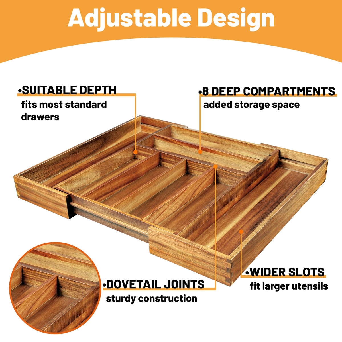 KITEISCAT Acacia Wood Expandable Silverware Organizer, Kitchen Utensil Drawer Organizer for Forks & Spoons, 8-Compartment Cutlery Tray, Flatware Holder