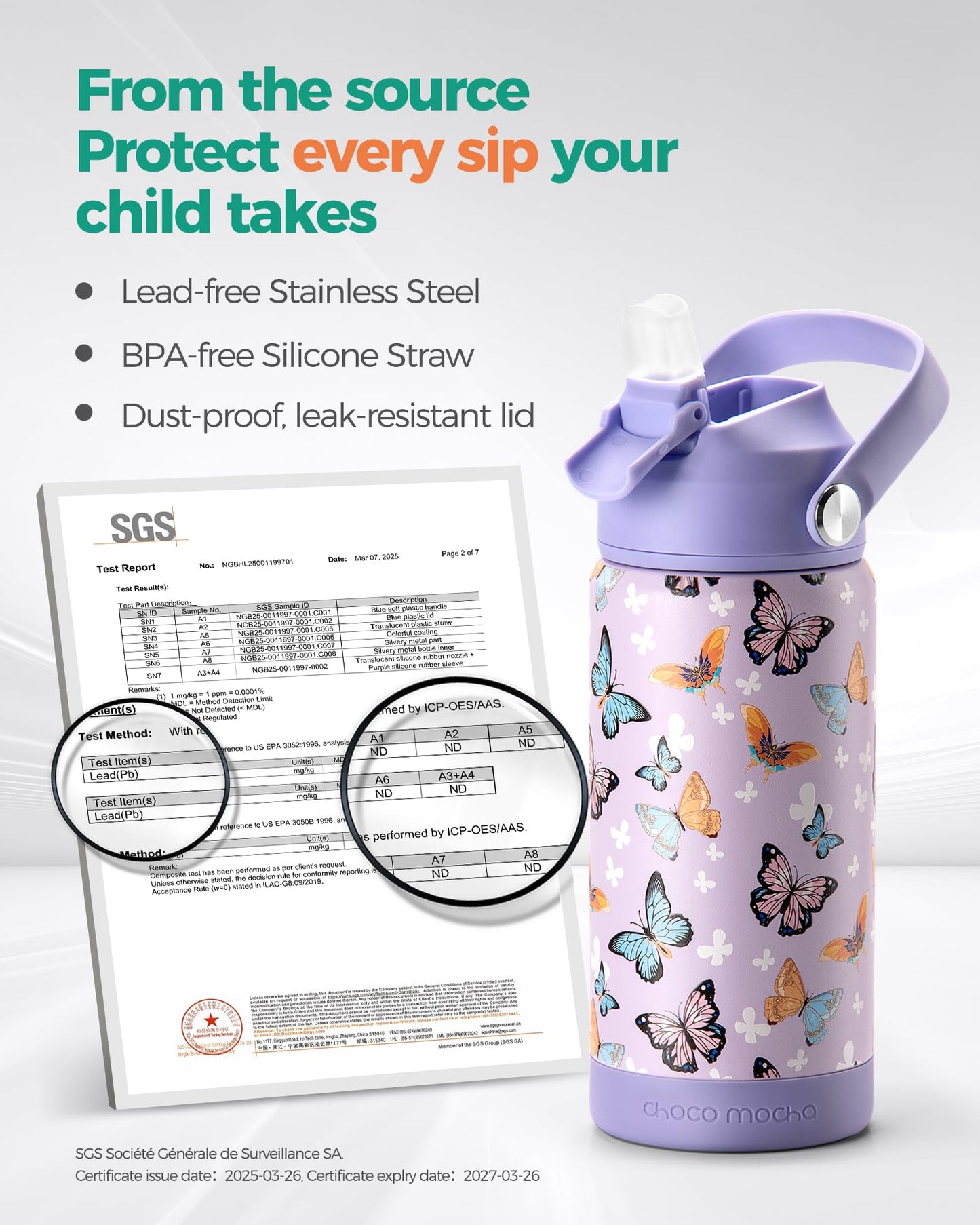 Choco Mocha Kids Water Bottle For School, Kids Insulated Unicorn Water Bottle Stainless Steel, Girls Water Bottle 18Oz, Purple