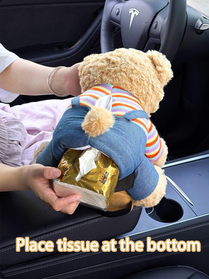 VimoDemo Cute Car Trash Can with Tissue Holder Teddy Bear Tissue Box Console Stuffed Animal Organizer Plush Doll Multifunctional Creative Accessories for Women Rainbow Bear